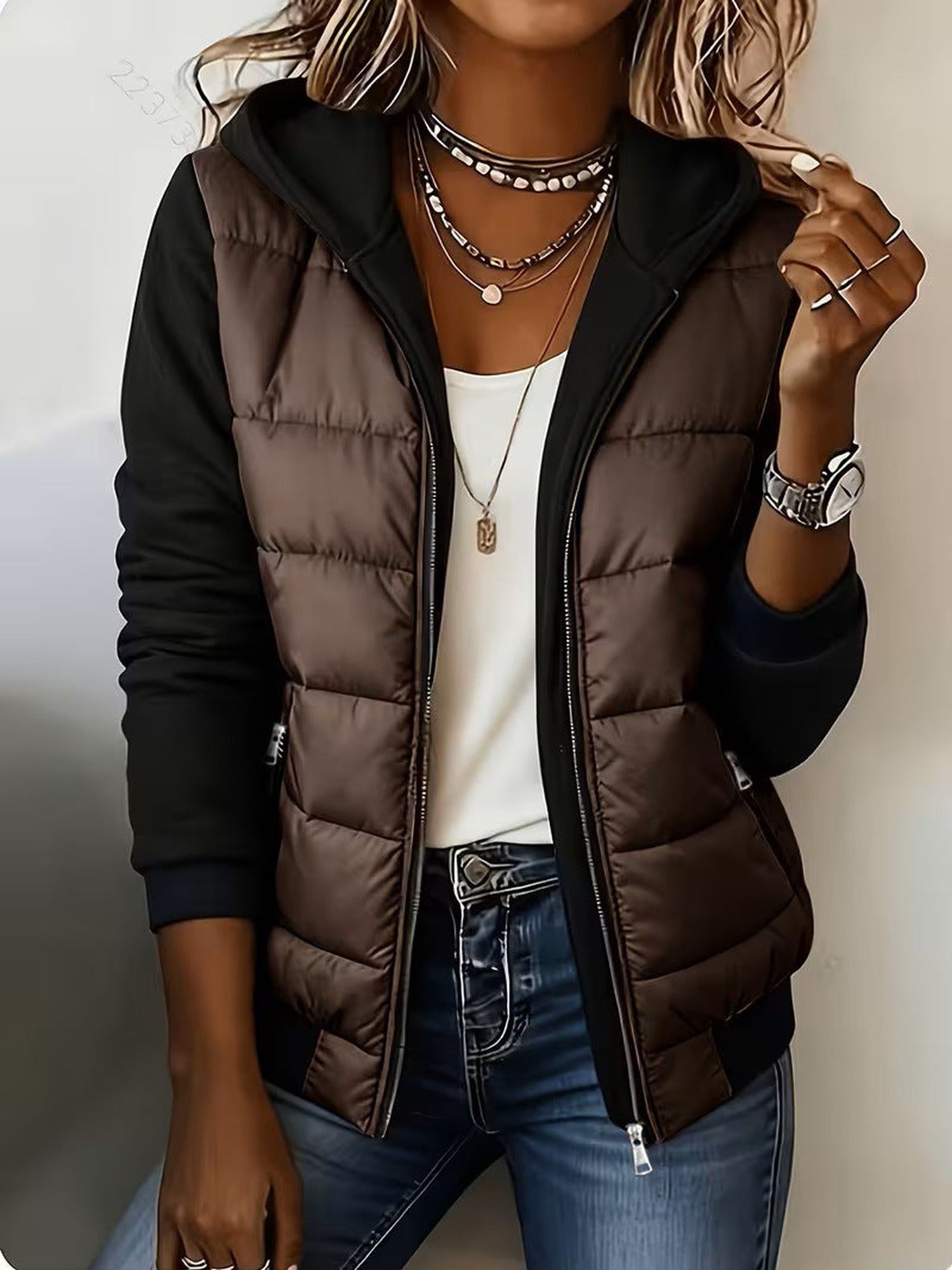 100% Polyester Hooded Puffer Jacket, Knit Sleeves – Women – Chocolate – worn